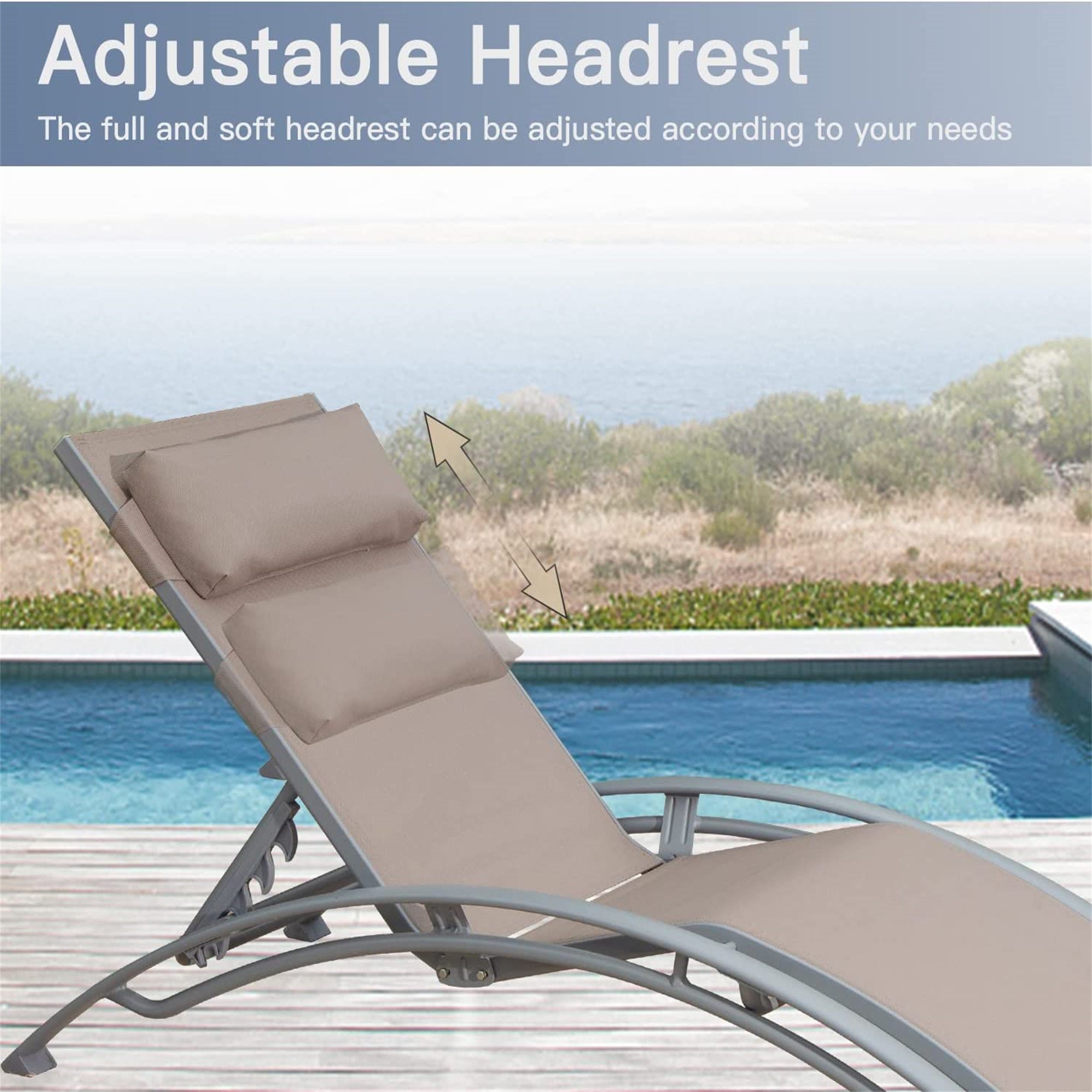 Outdoor Chaise Lounge Set of 2 Patio Recliner Chairs with Adjustable Backrest and Removable Pillow for Indoor&Outdoor Beach Pool Sunbathing Lawn (Khaki,2 Lounge Chairs) Doba